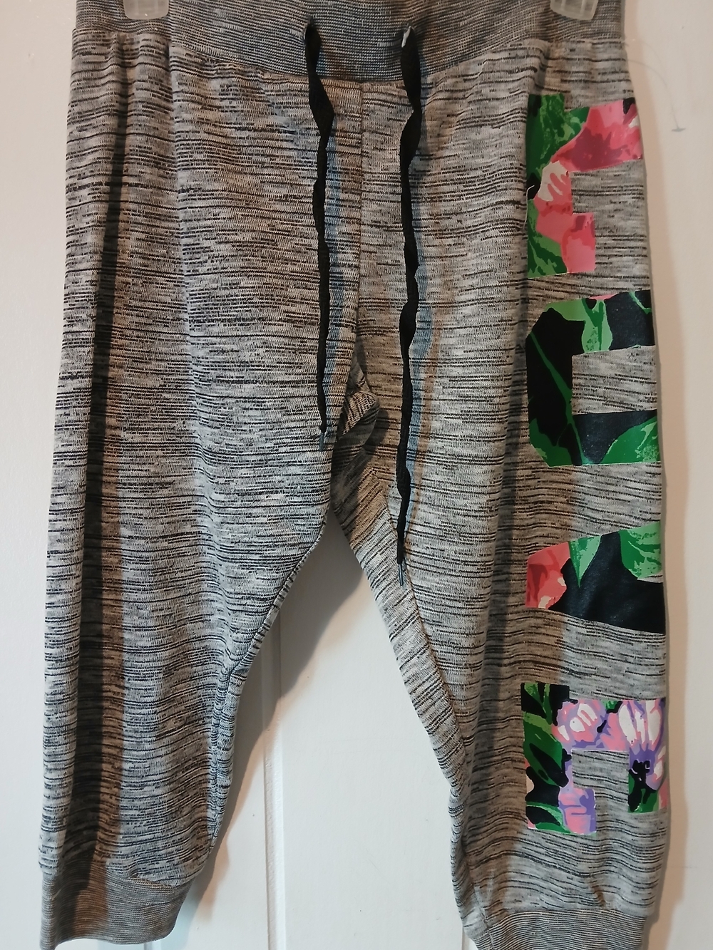 Gray Marled Jogger Pants with "LOVE" Floral Accent